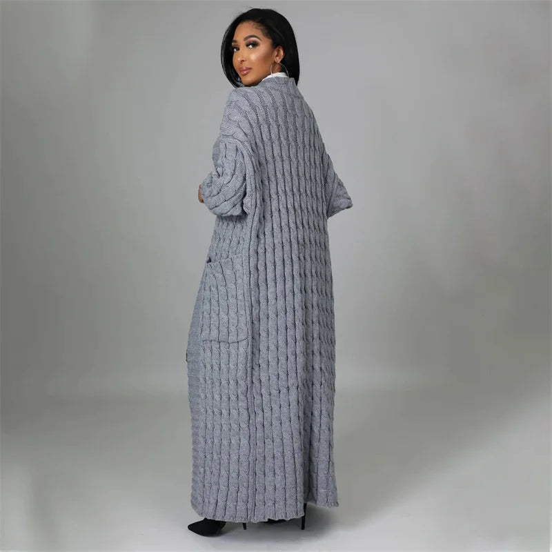 Knitted Weave Pattern Ribbed Maxi Cardigan Sweater