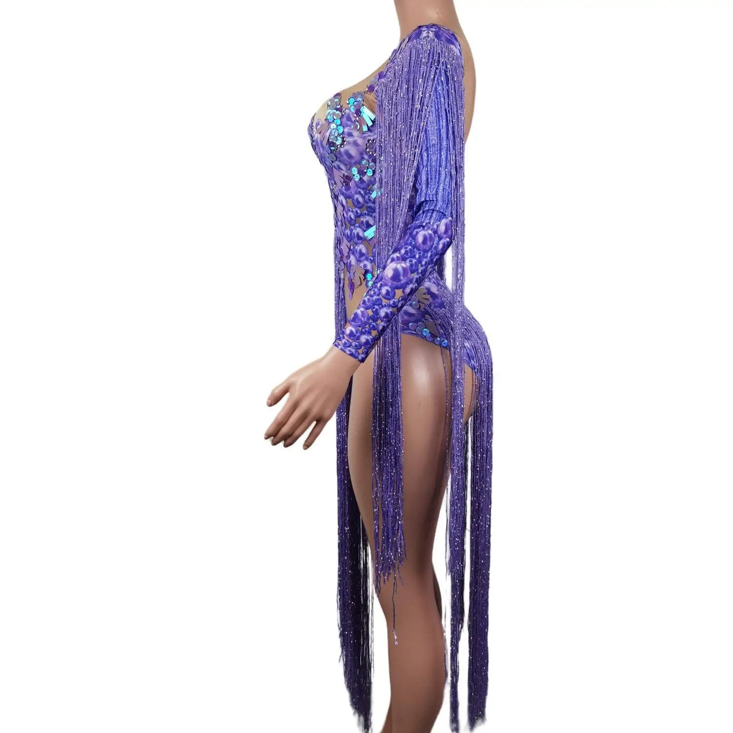 Purple Sequined Glitter Sparkling Fringe Tassel Detail Bodycon Shiny Formal Stage Performance/Dancer Bodysuit