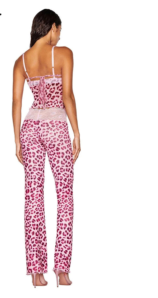 Tiered Leopard/Colorblock Lace Tank Top + Skinny Pants Women's 2-Piece Set