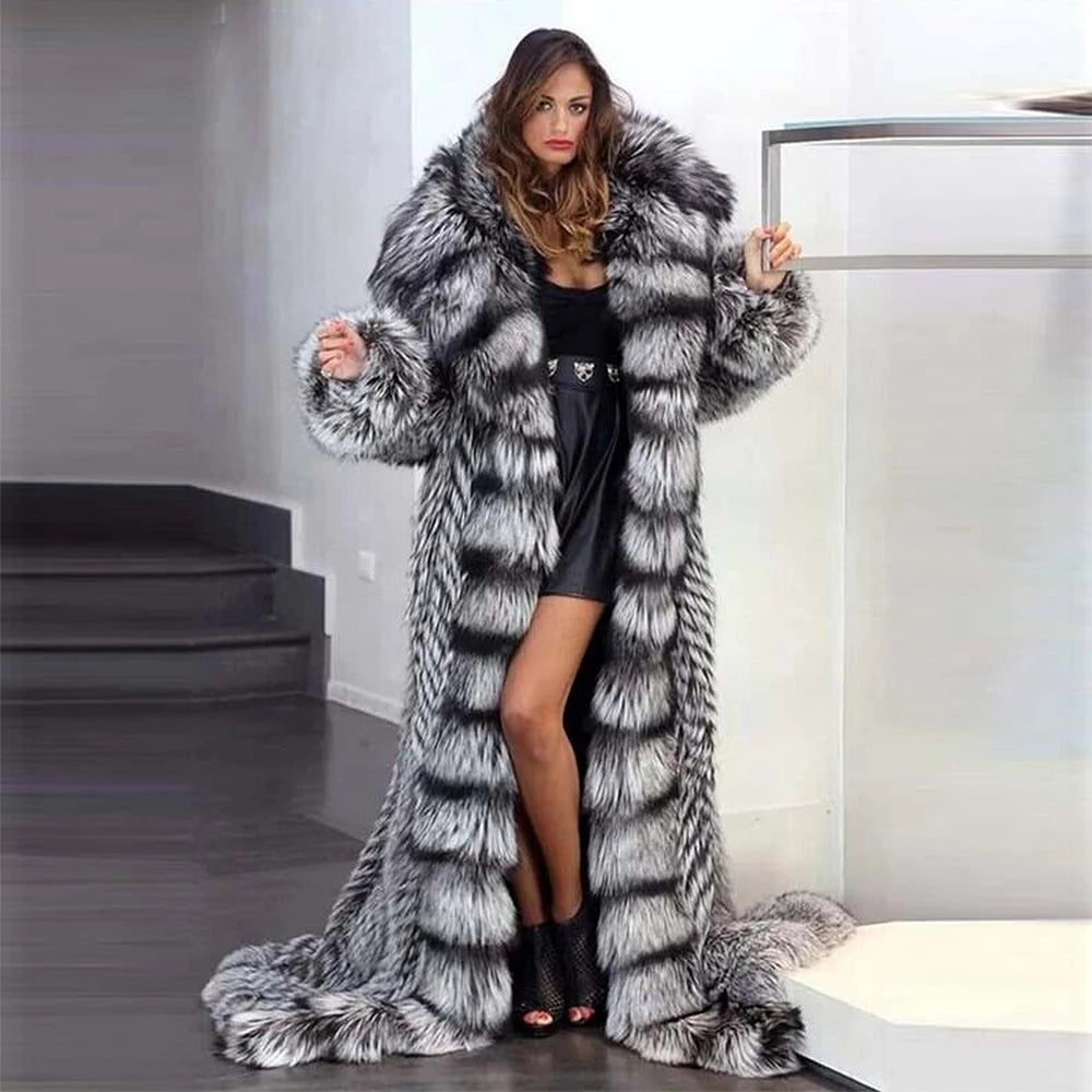 Silver/Black Zebra Striped Pattern Hooded Fox Fur Trenchcoat