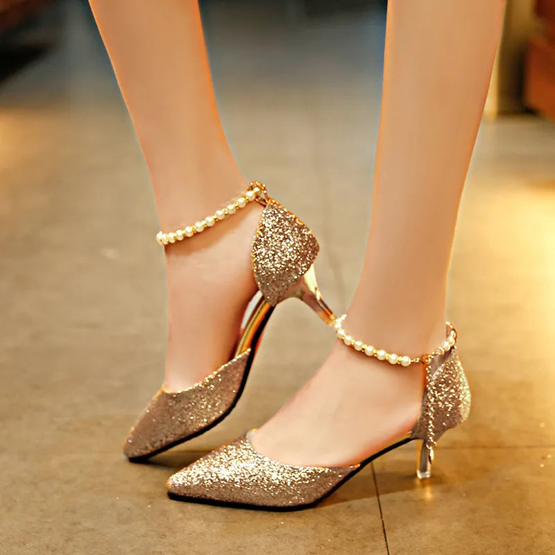 Metallic Glitter Pearl Chain Ankle Strap Pointed Toe Low Heel Bridal Wedding Pumps