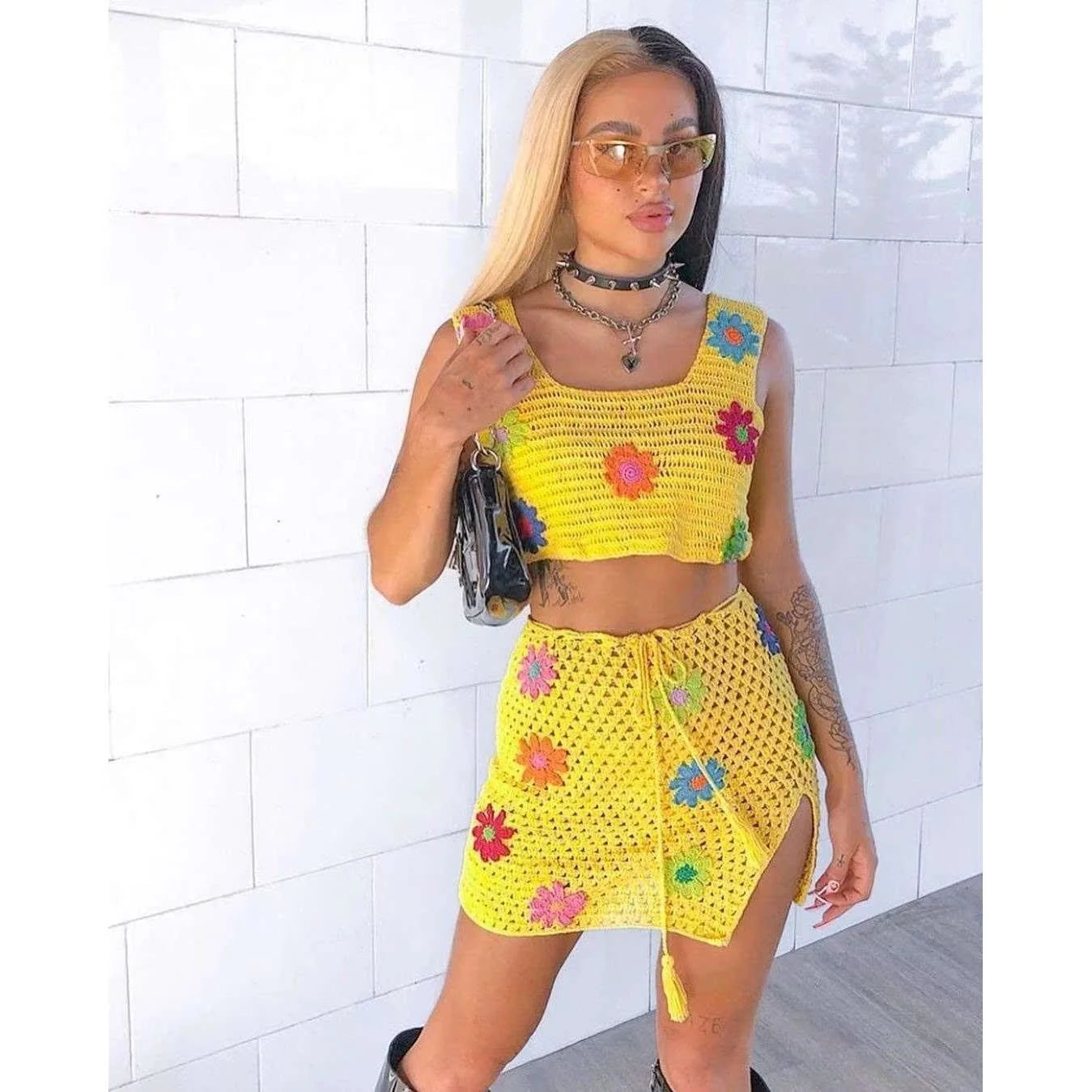 Crochet Big Flower Pattern Knitted Women's Sweater Tank Top + Drawstring Mini Skirt 2-Piece Set