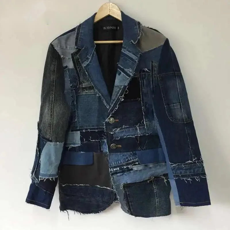 Men's Denim Colorblock Patchwork Splicing Deconstructed Heavy Industry Cowboy Jean Blazer