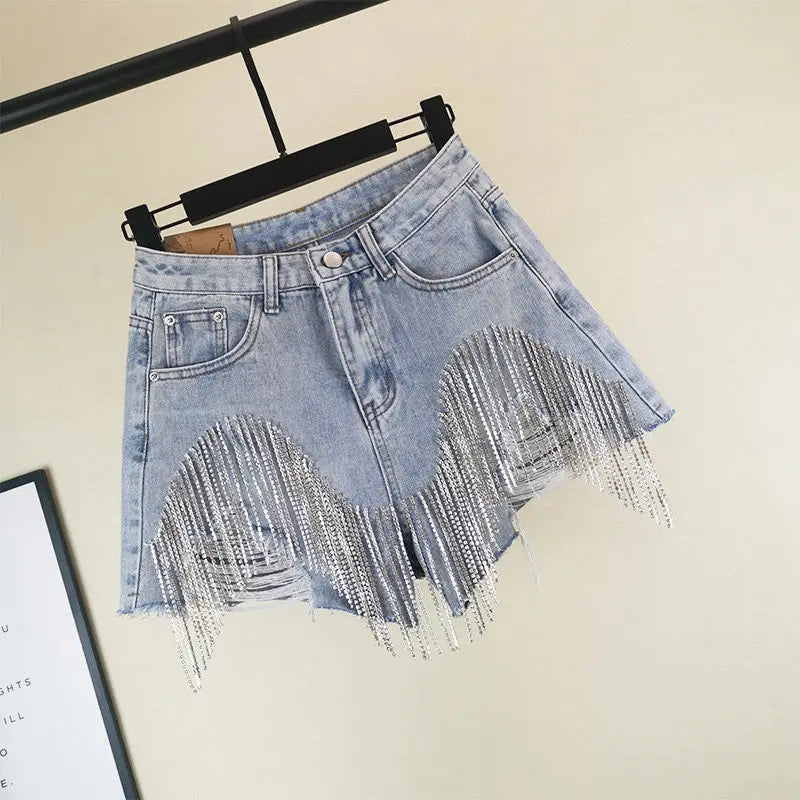 Silver Diamond Metallic Ripped Tassel Denim Jean Shorts