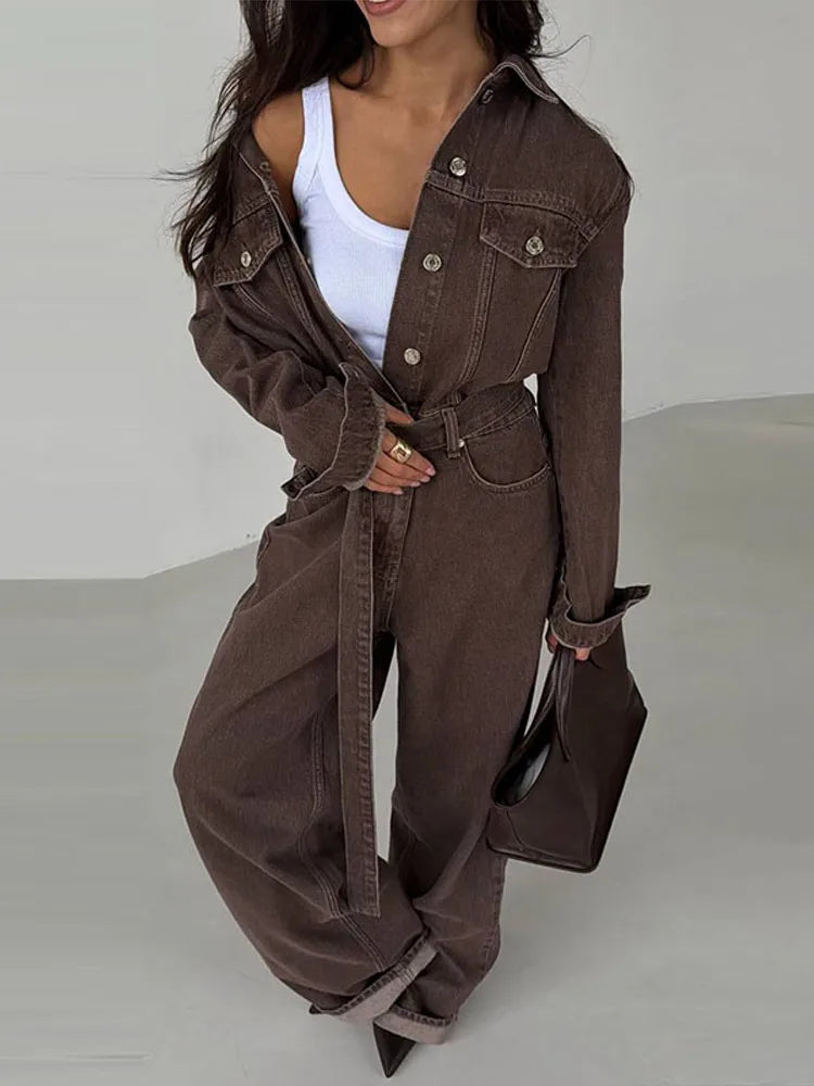 Denim Women's Button Front Turn-Down Collar Lace-Up Long Sleeve Wide Leg Streetwear Jumpsuit