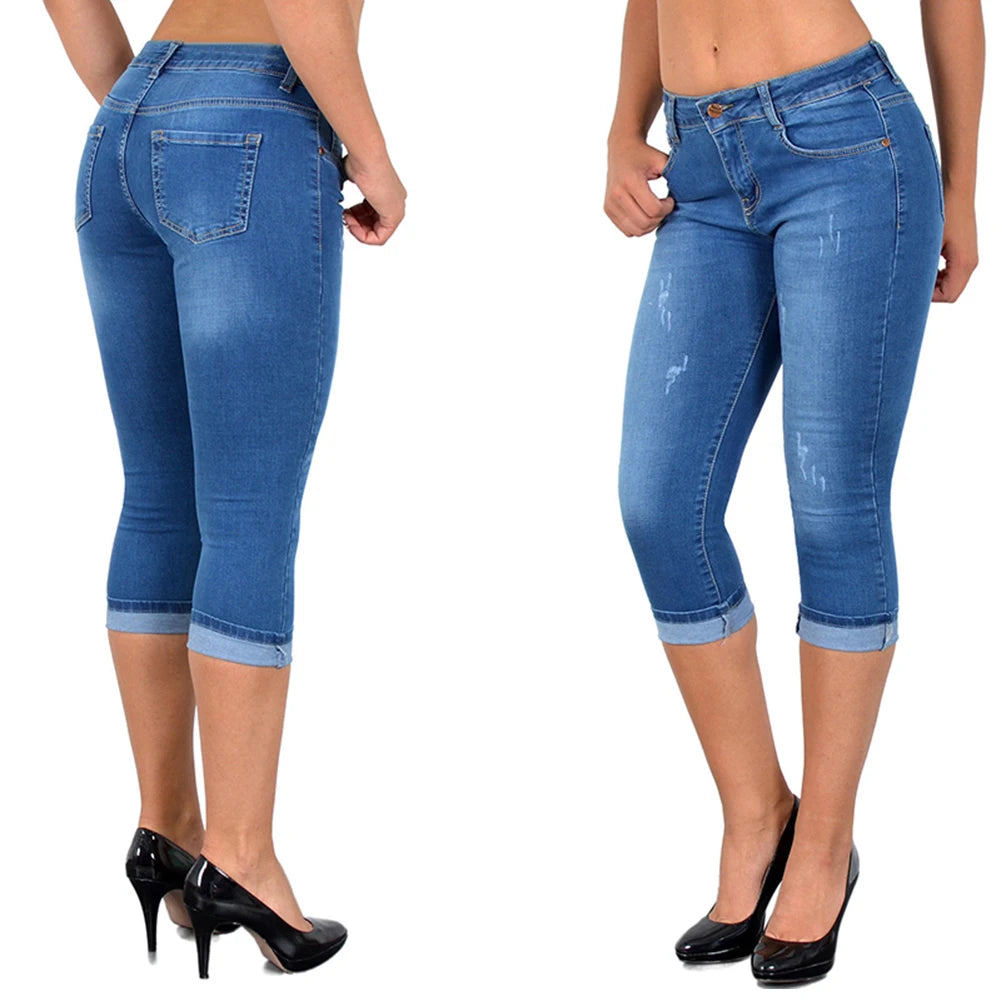 Solid Stretch Ladies Knee-Length Denim High Waist Skinny Jean Capri Pants