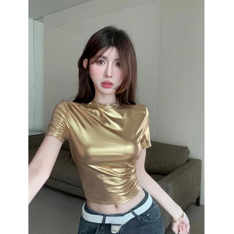 Gold Metallic Faux Leather Stand Collar Short Sleeve Women's Shirt