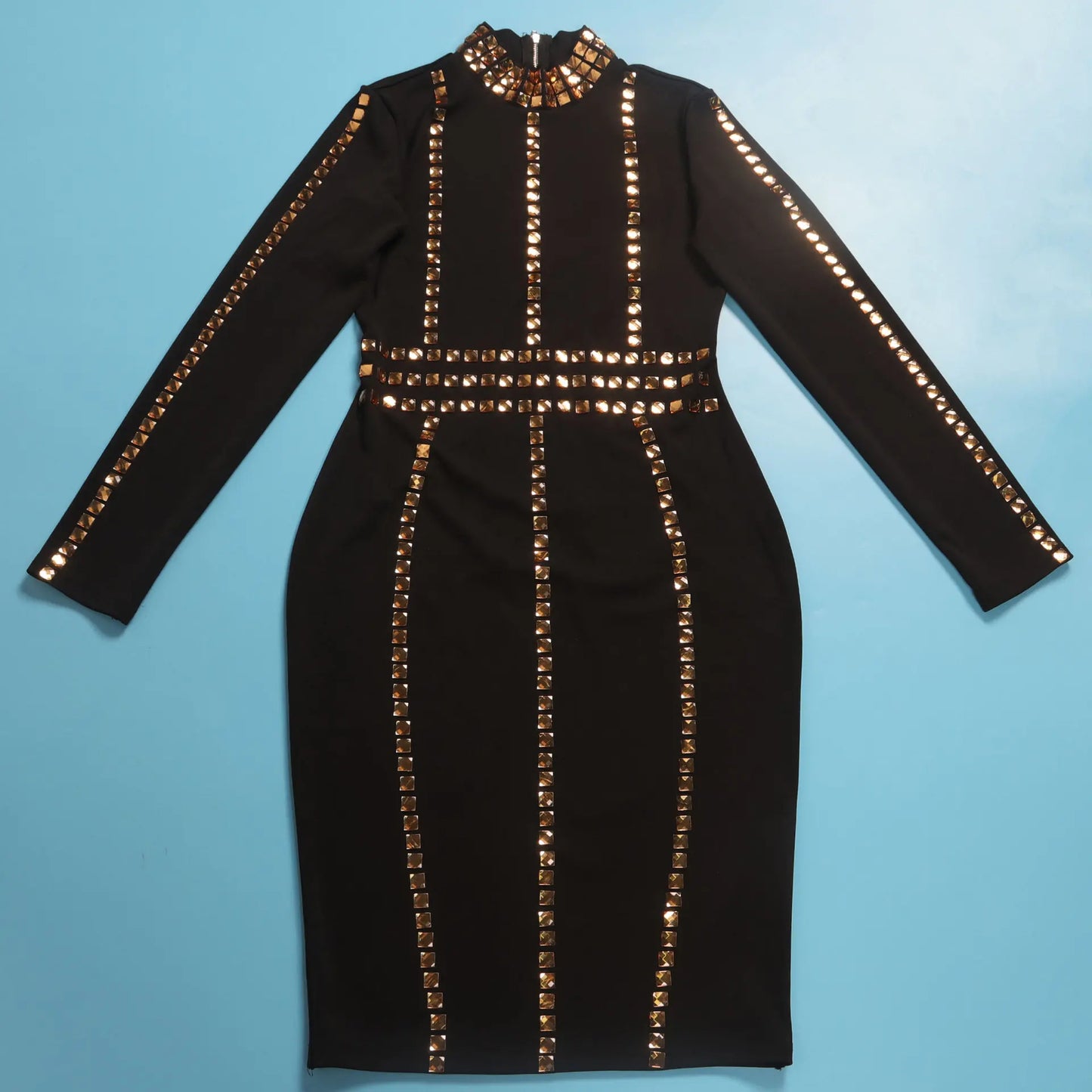 Gold Studded Hot Drill Stretch Long Sleeve Midi Dress