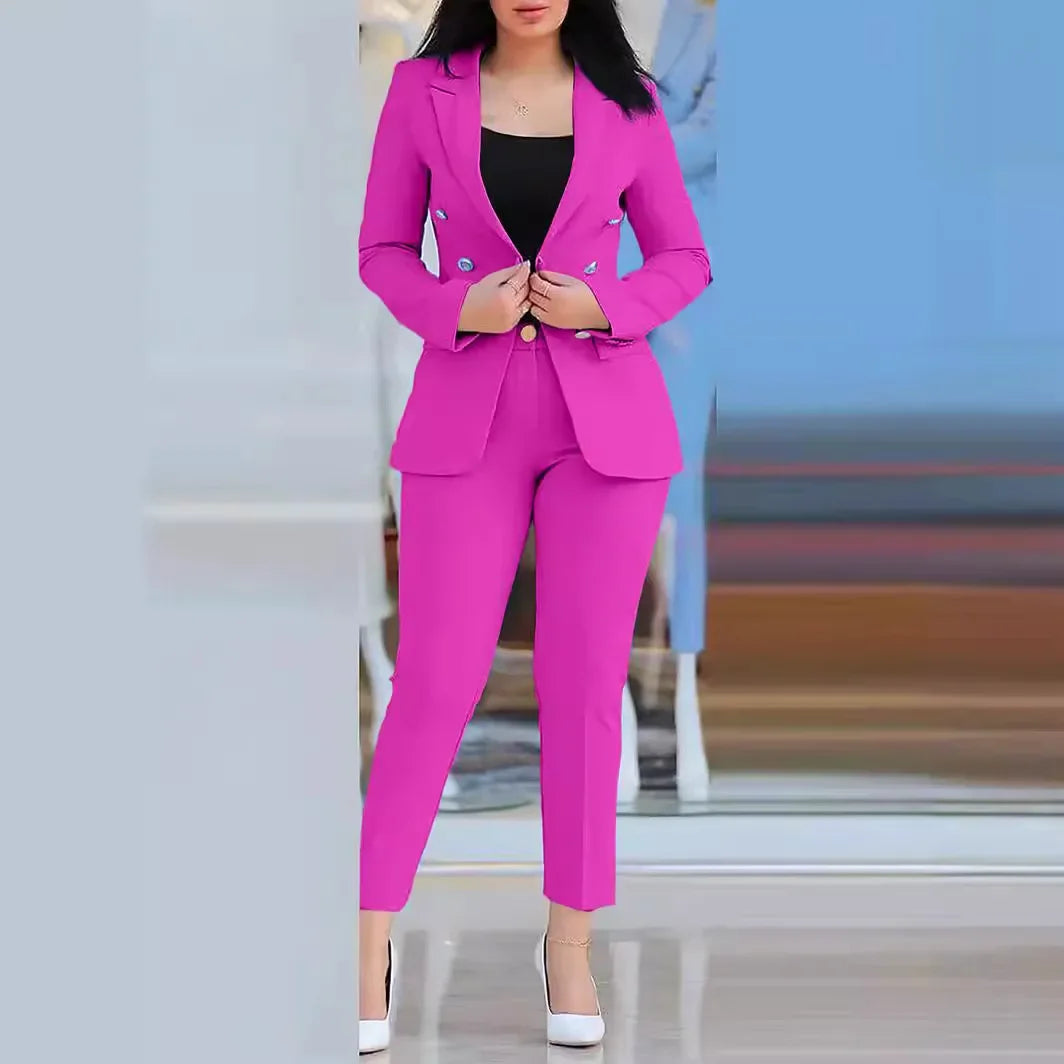 Gold Button Design Women's Solid Color Long Sleeve Blazer Jacket & High Waist Pencil Pants Business Suit