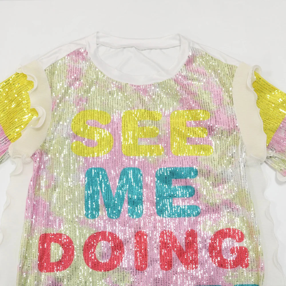 "SEE ME DOING BETTER WITHOUT YOU" Sequin Letter Print O-Neck Half Sleeve Streetwear Mini T-Shirt Dress