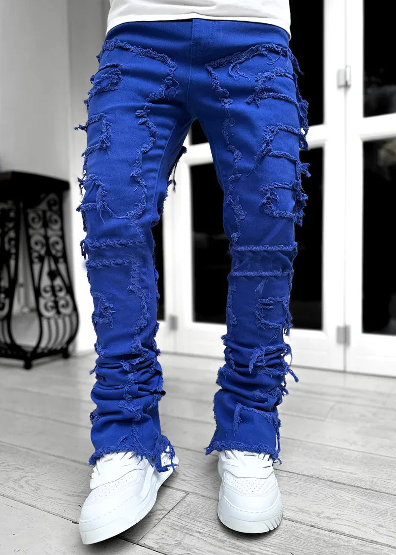 Men's Denim Fringe Ripped Hip-Hop Stretch Stacked Elastic Waist Straight Patchwork Jeans