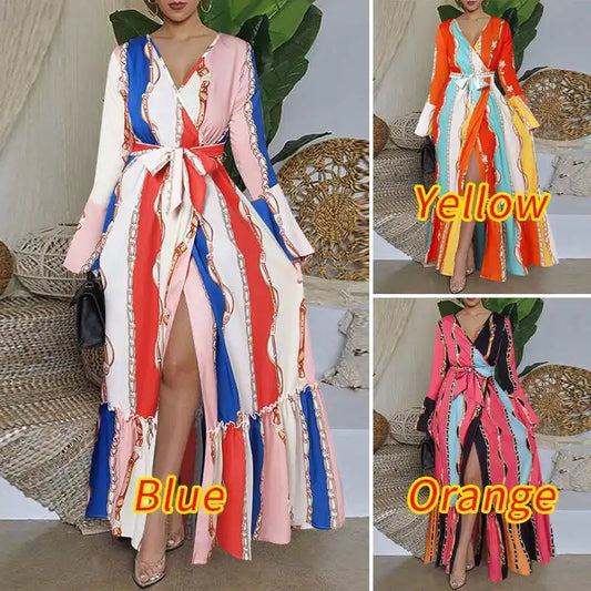 Bohemian Colorblock Striped Printed Long Sleeve Ruffled Belted High Slit Maxi Dress to 5X Plus Size