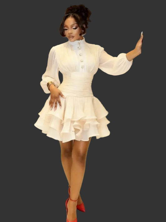 Cream Victorian Vintage Ruffled 1/2 High Collar Button-Up Lantern Puff Sleeve Ruched Tiered Mini Party Dress