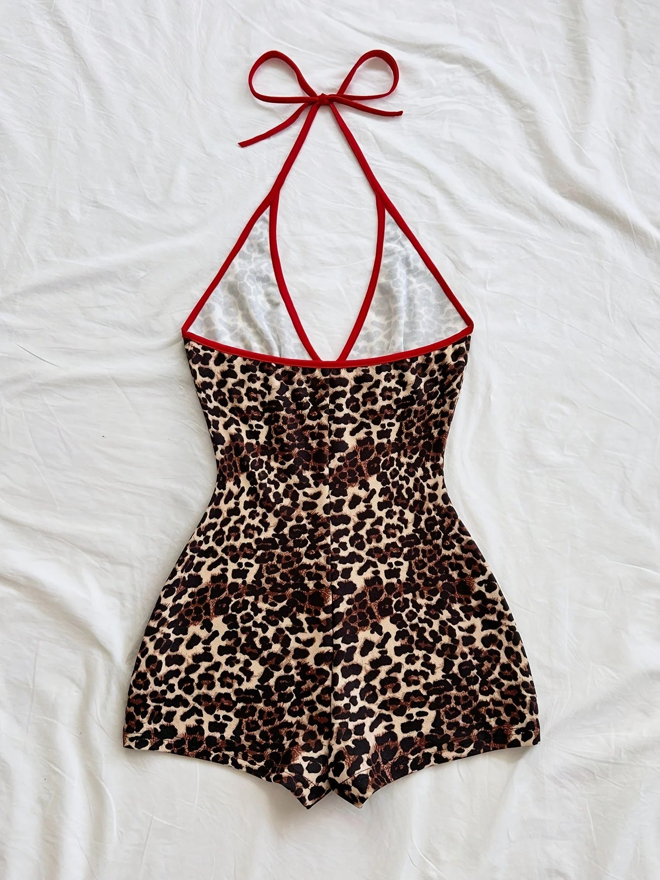 Sleeveless Leopard Print Bowknot Hollow-Out Design Women's V-Neck One-Piece Shorts Romper
