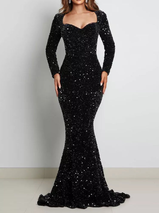 Glitter Sequin Sparkling Long Sleeve Padded Floor Length V-Neck Formal Evening Gown Party/Prom Dress