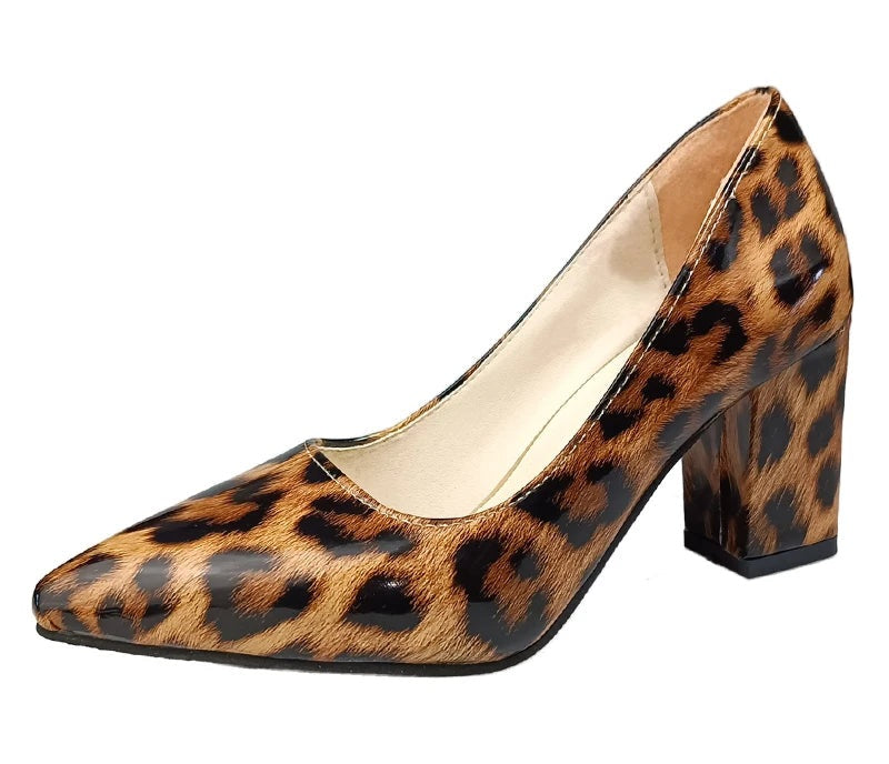 Leopard Grain Patent Leather Platform Square High Heel Pumps