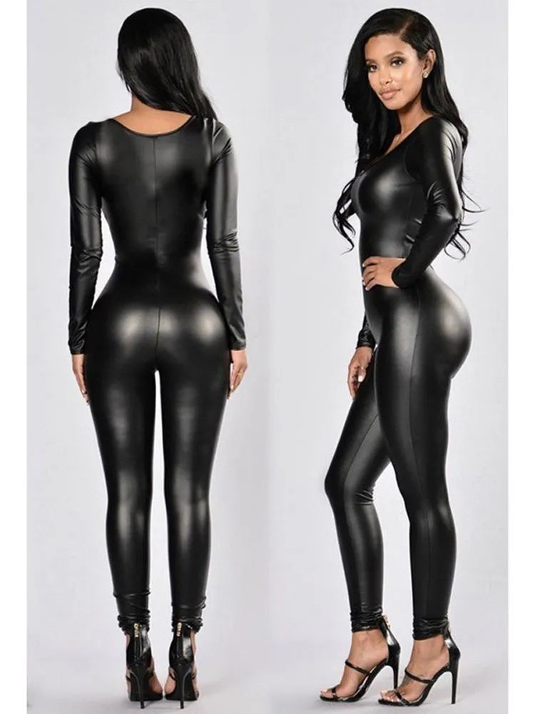 Black Round Neck Elastic PU Leather Long Sleeve Catsuit Jumpsuit