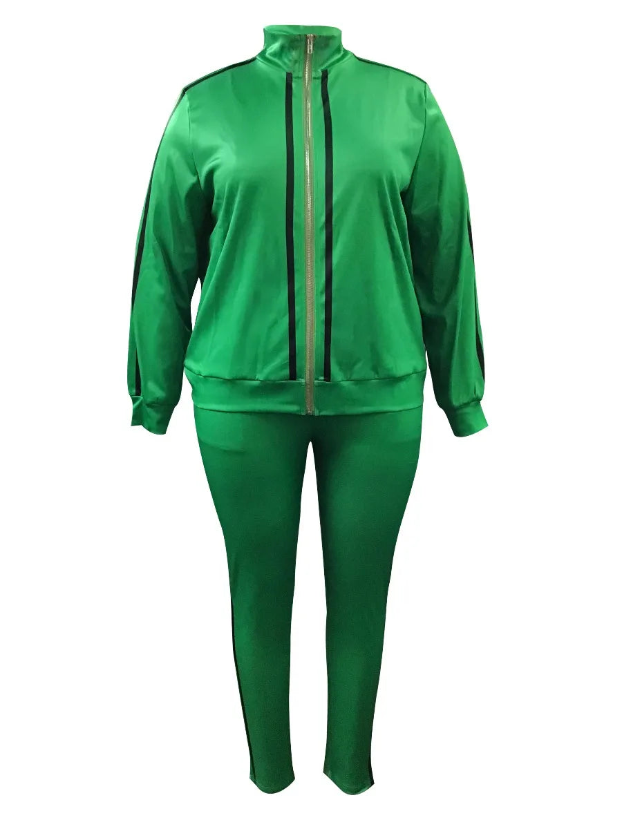 Green/Black Striped Zipper Mandarin Collar Women's Top + Matching Pants Tracksuit