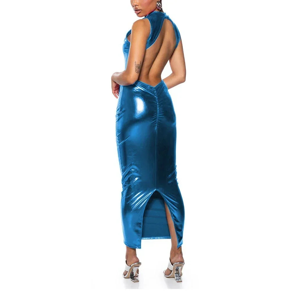 Shiny PU Leather Metallic Backless Sleeveless High Back Slit Bodycon Formal Maxi Party Dress to 3X Plus Size