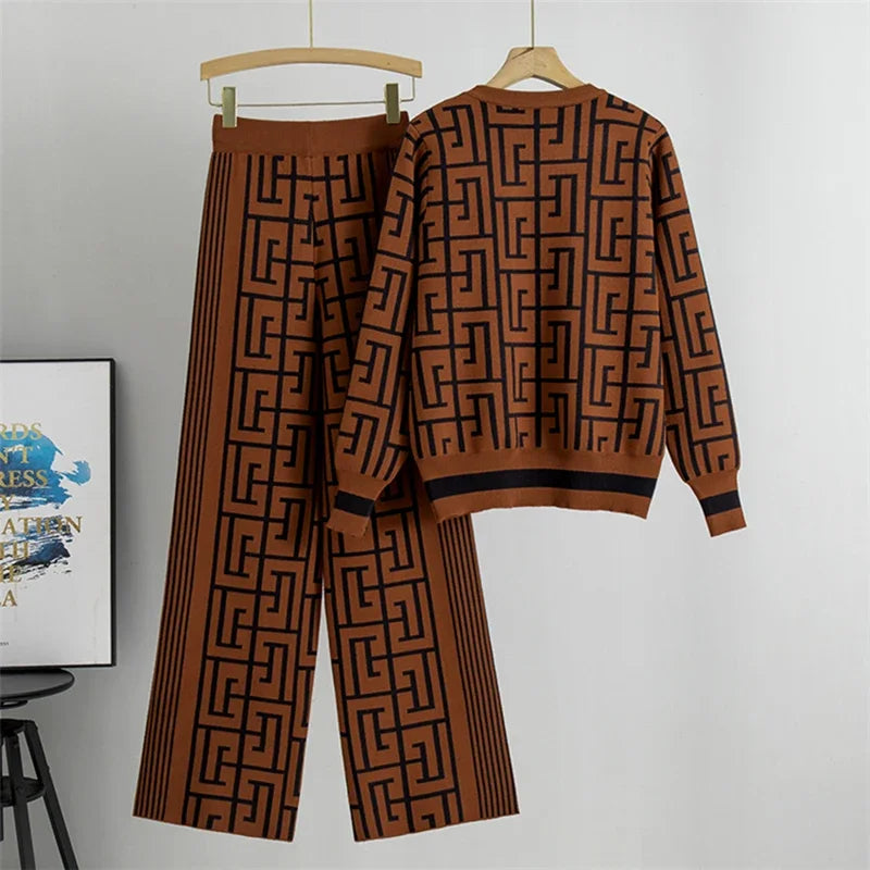 Geometric Print Women's Long Sleeve O-Neck Pullover Top + High Waist Wide Leg Pants 2-Piece Set