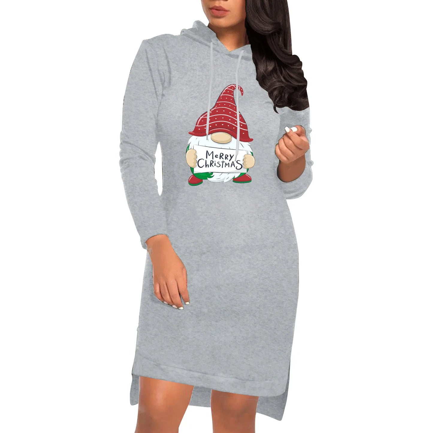 Knitted Christmas Santa Print Drawstring Women's Long Sleeve Loose Midi Hoodie Dress