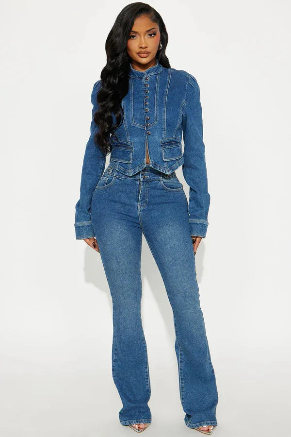Denim Blue Mandarin Collar Women's Crop Jean Jacket + Jeans Matching 2-Piece Set