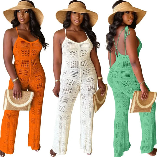 Crochet Hollow-Out Knitted Spaghetti Strap Backless High Stretch Flared Leg Jumpsuit