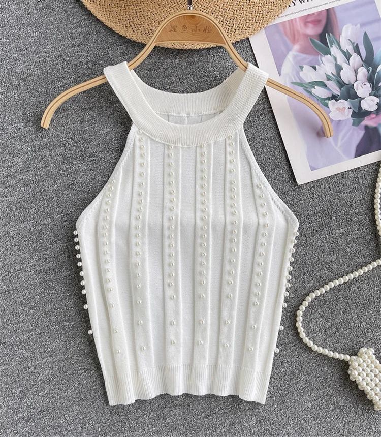 Pearl Embelished Women's Backless Sleeveless Halter Streetwear Mini Knitted Tank Top