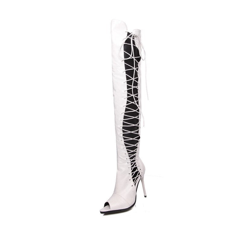 Hollow Out Ribbon Lace Up Over-the-Knee Gladiator Stiletto Heel Open Toe Boots