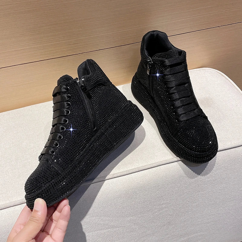 Rhinestone Plaid Monogram/Solid Print Sparkling Glitter Women's Outdoor Platform Lowtop Ankle Sneakers-2 Styles, 3 Colors