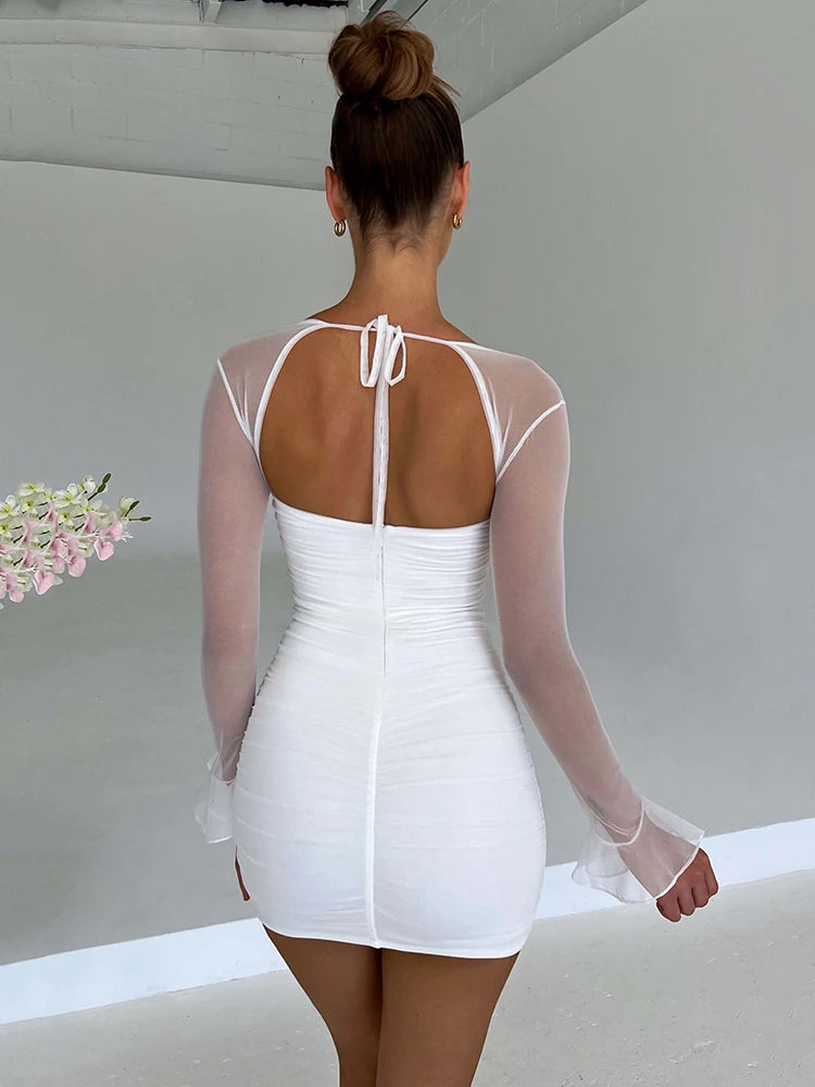 Ruched Camisole Design 2-Layer Mesh Flared Sleeve Zipper Back Bodycon Mini Formal Party/Club Dress