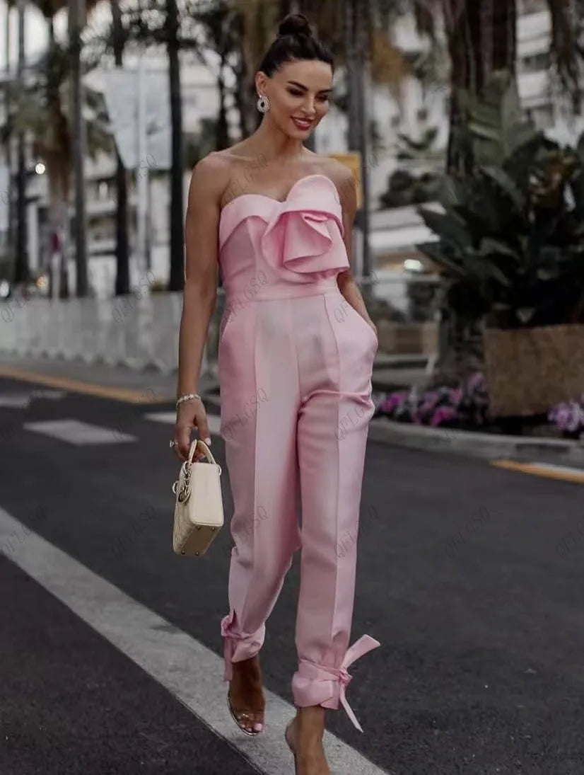 Satin Soft Pink Flower Bow Ruched Women's Formal Jumpsuit