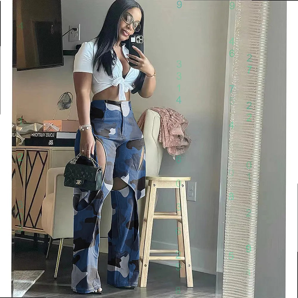 Colored Camoflauge Ripped Hollow-Out Design Women's Cotton High Waist Cargo Multi-Pocketed Streetwear Pants