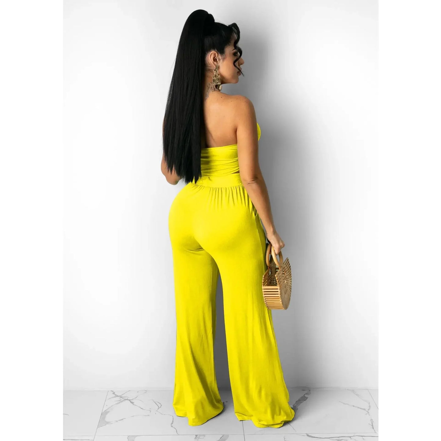 Strapless Hollow-Out  Hatler Neck Crop Top + Leggings Bodycon Solid Color Women's 2-Piece Set