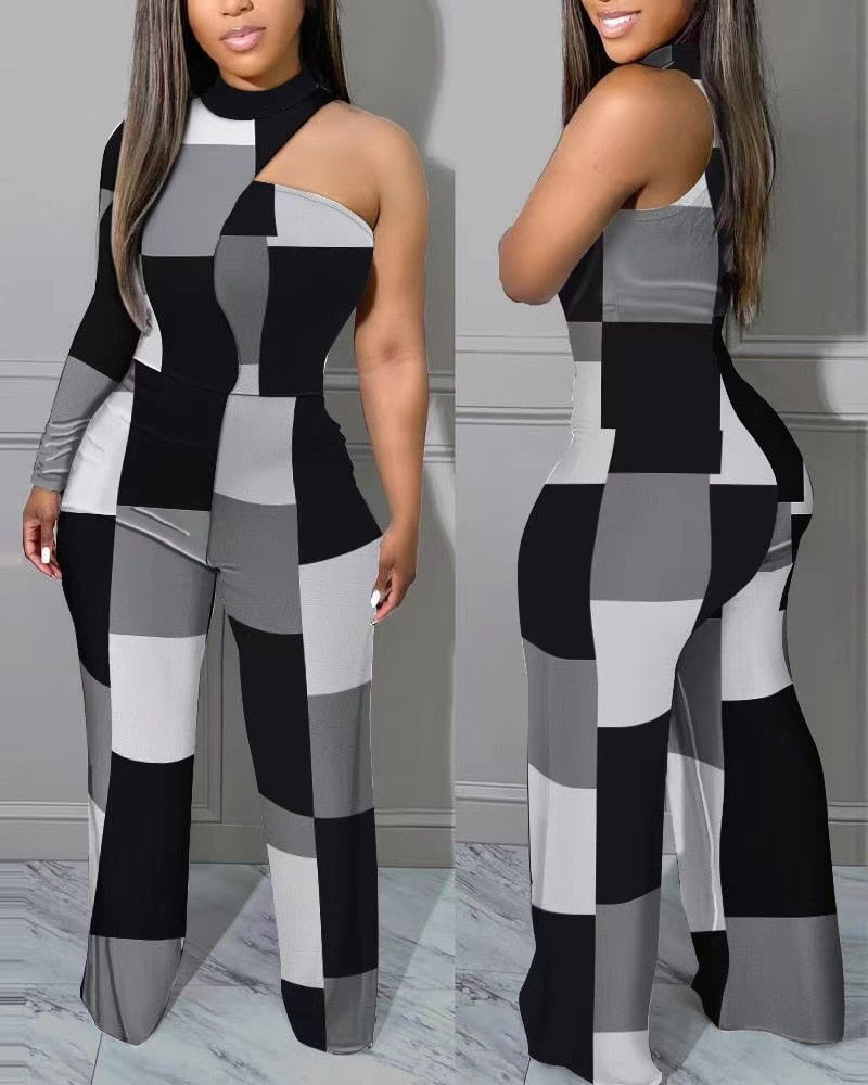 Off Shoulder Colorblock Patchwork Slim Printed Jumpsuits