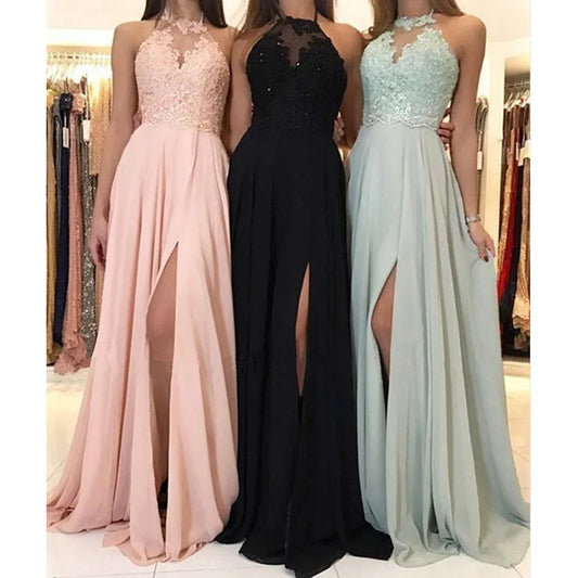 Chiffon Lace Patchwork Long Dress Solid Color Sleeveless Floor Length Evening Party/Prom/Bridesmaid Dress