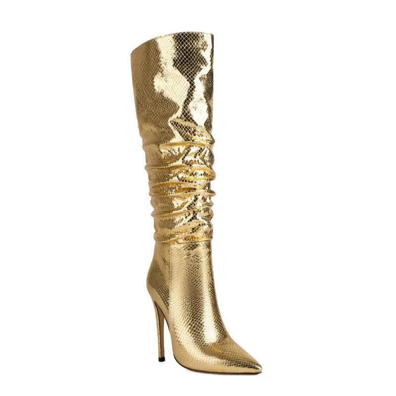 Metallic Pleated Snake Pattern Solid Leather Pointed Toe Knee High Thin Heel Boots