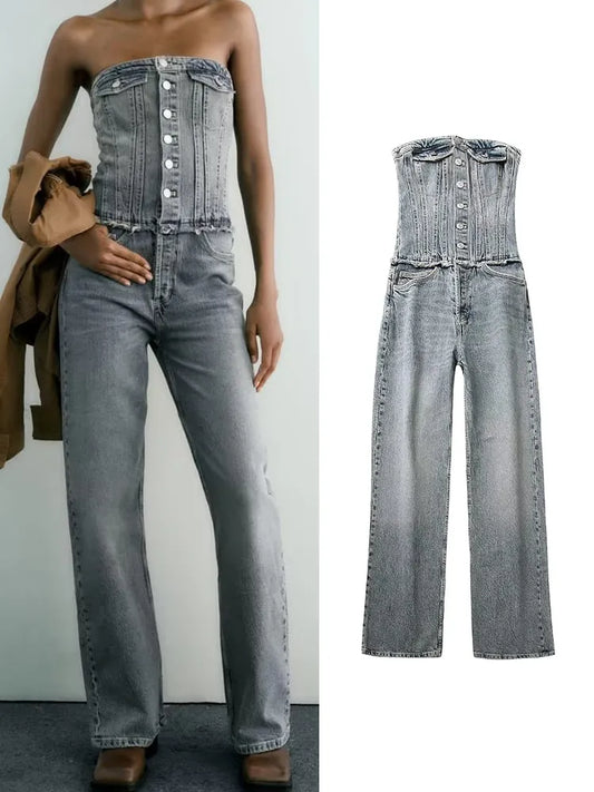 Vintage Strapless Off-the-Shoulder Stonewashed Jean Denim Ruched Women's Streetwear Backless Jumpsuit