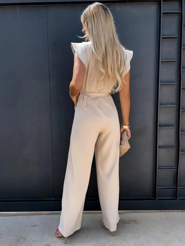 Butterfly Sleeve Solid Wide Leg Vintage Elastic Waist Jumpsuit