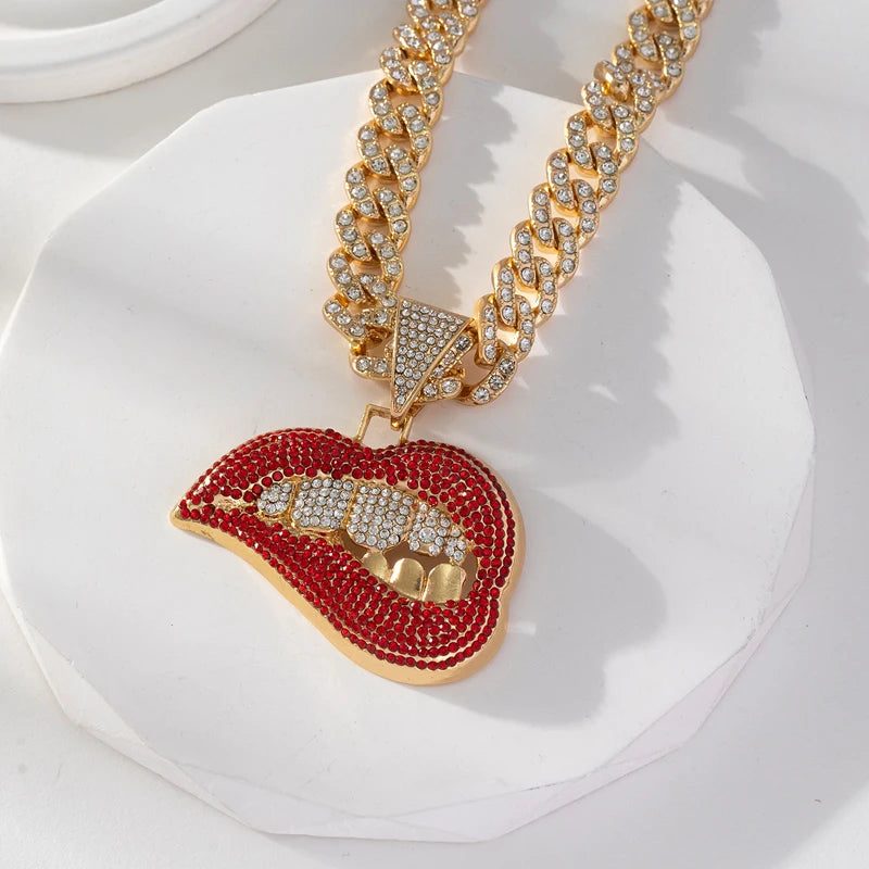 Red Bite Lip Pendant Crystal Iced Out Hip-Hop Cuban Link Chain Necklace