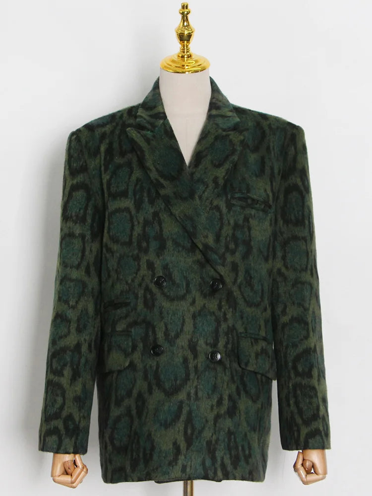 Green Leopard Print Notched Long Sleeve Temperament Colorblock Loose Women's Blazer