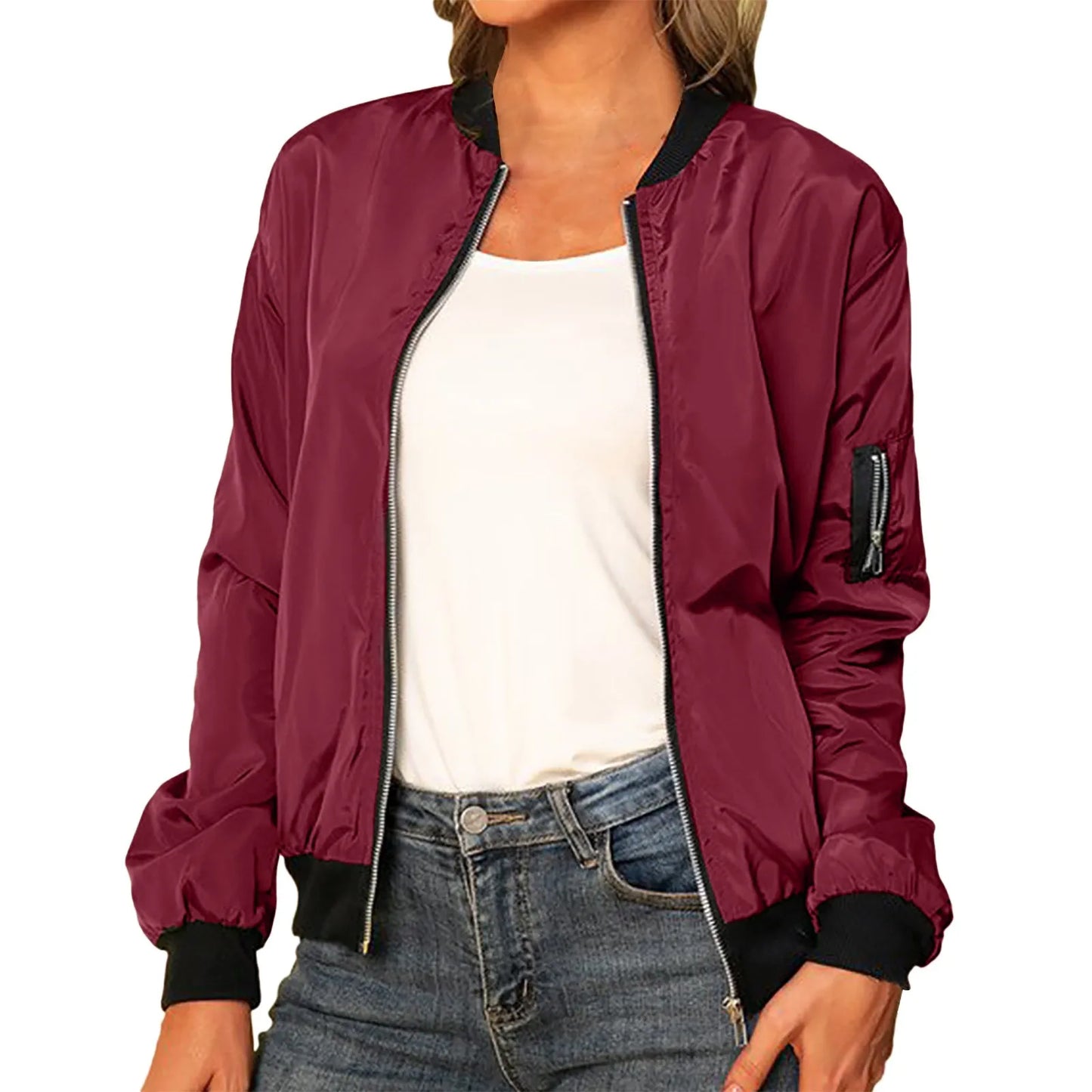Mandarin Collar Women's Zipper Cargo Pocket Sleeve Design Bomber Jacket