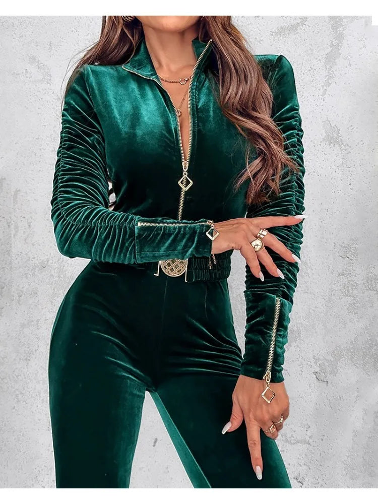 Velvet Ruched Women's Long Sleeve Elastic Waist Belted Zipper Jumpsuit