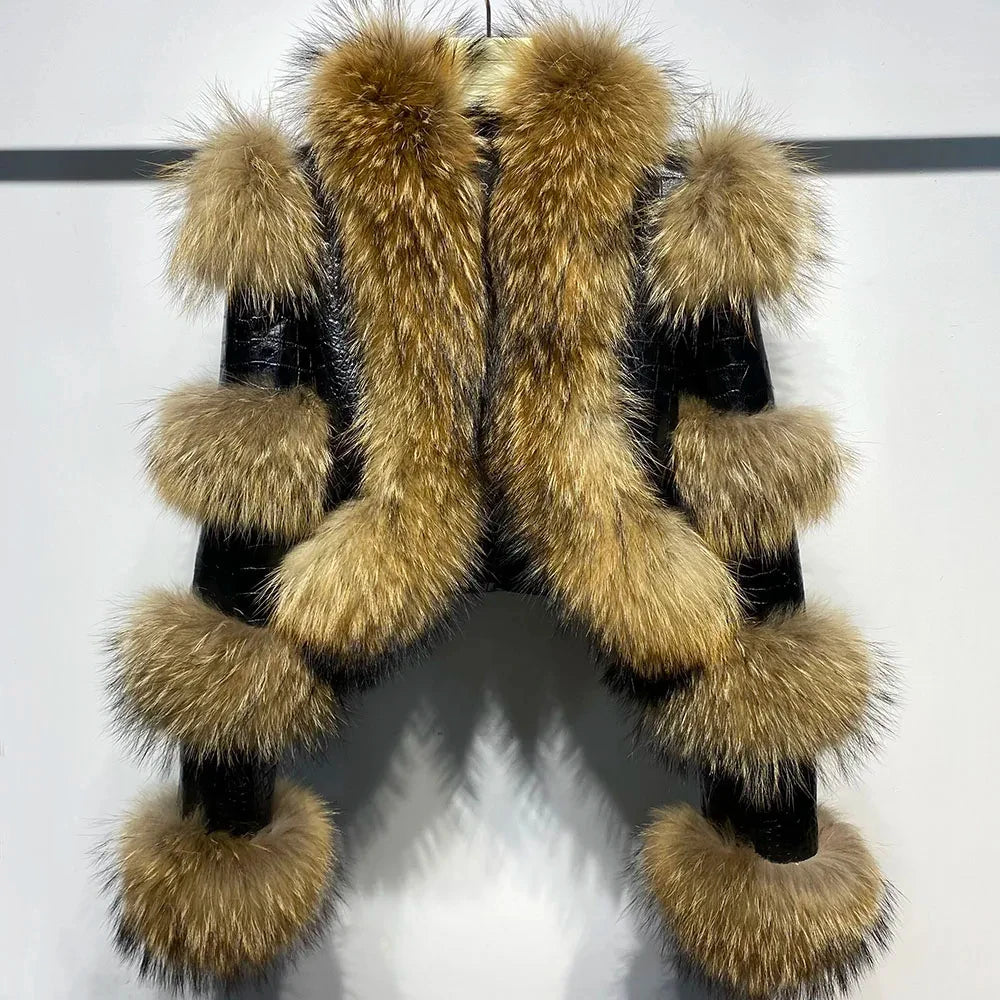 Real Raccoon Fur Hip-Hop Colorblock Design Paneled Women's Streetwear Jacket