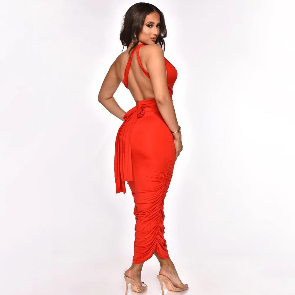 Camisole V-Neck Ruched Bow Strap Backless Design Maxi Dress