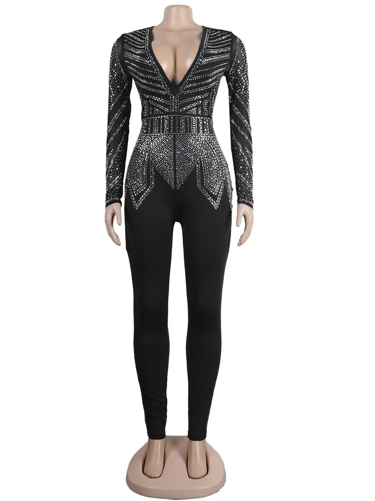 Sparkle Black/Silver Rhinestone Long Sleeve Crystal Deep V-Neck Jumpsuit