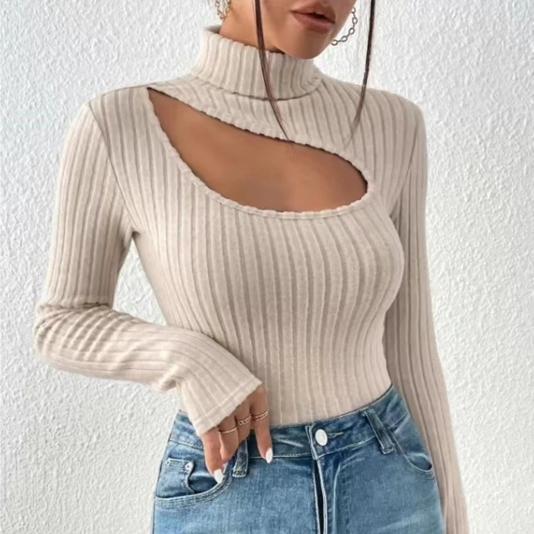 Hollow-Out Turtleneck Women's Long Sleeve Ribbed Knitted Sweater