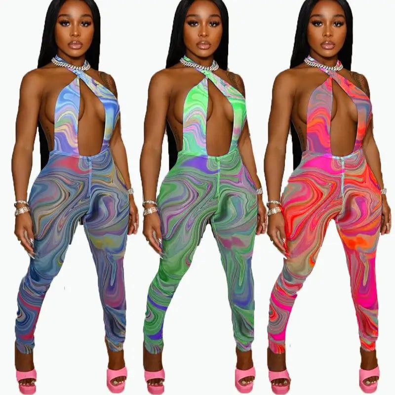 Swirl Print Mesh Sheer Transparent Sleeveless Women's Sexy Hollow-Out Backless Skin Tight Jumpsuit