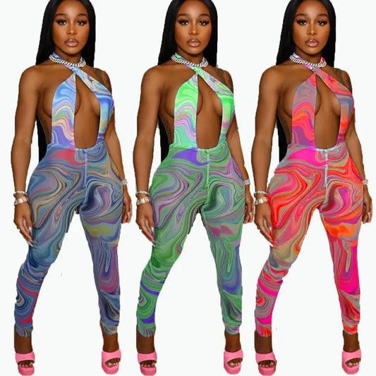Swirl Print Mesh Sheer Transparent Sleeveless Women's Sexy Hollow-Out Backless Skin Tight Jumpsuit