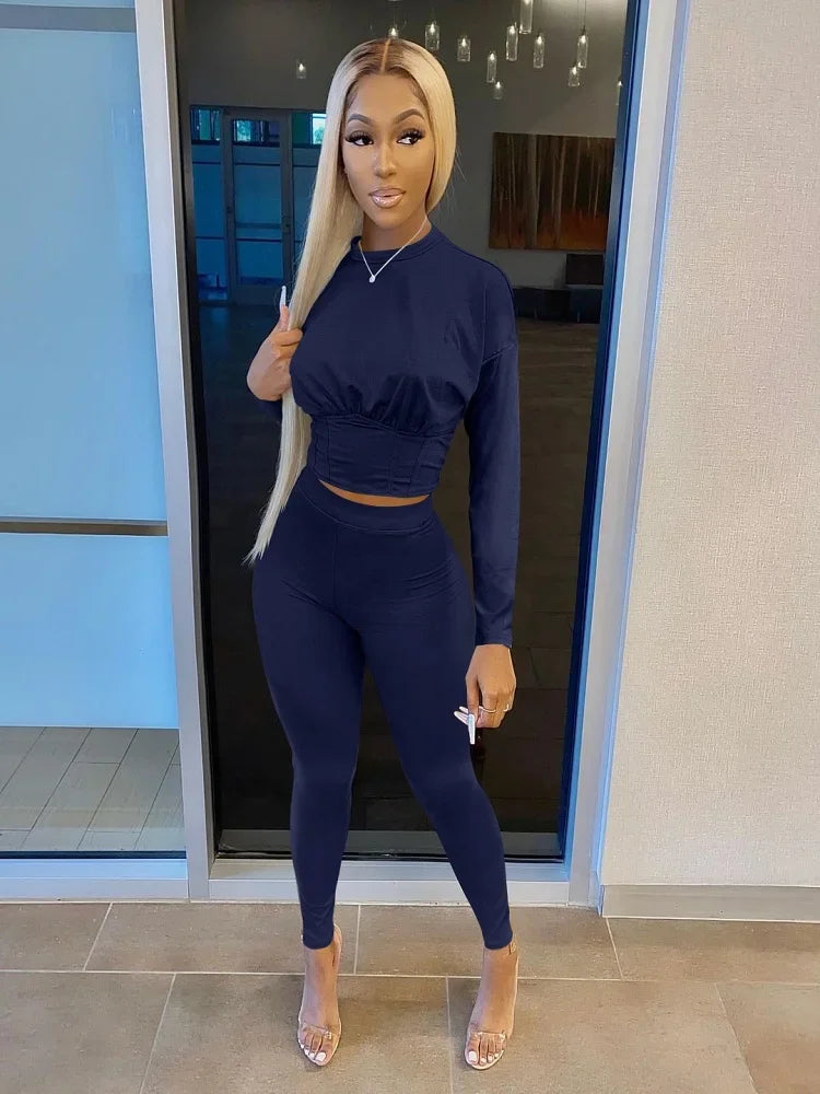 Ruched Fitted O-Neck Solid Color Women's Long Sleeve Crop Top + Leggings Tracksuit